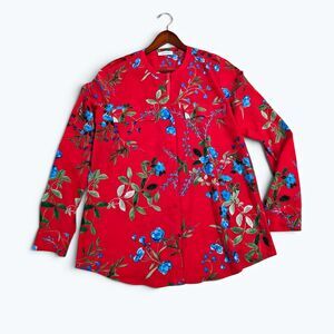Calvin Klein Red Floral Long Sleeve Button Front Blouse Tunic Medium